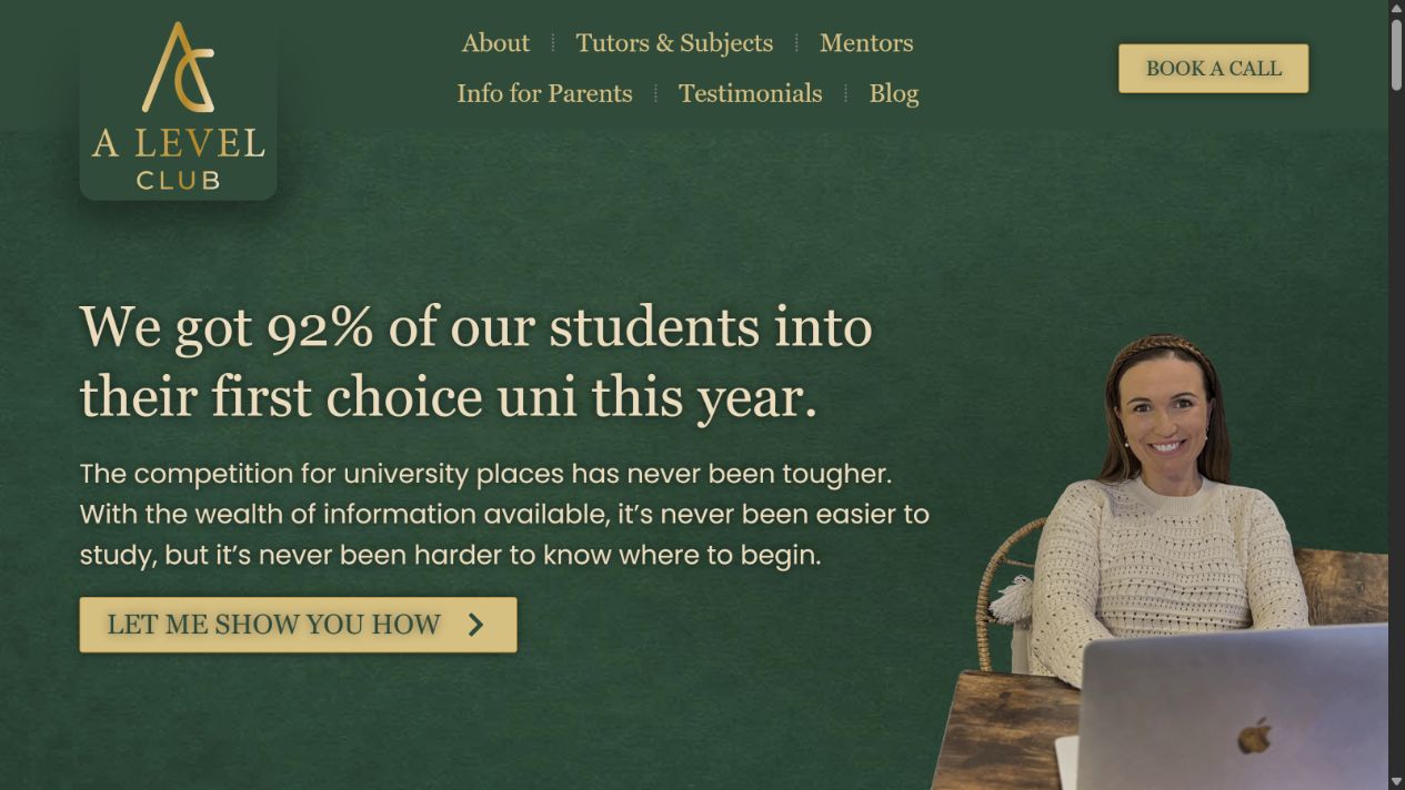 The A-Level Club website, with its forest-green and gold identity and Clare introducing the service